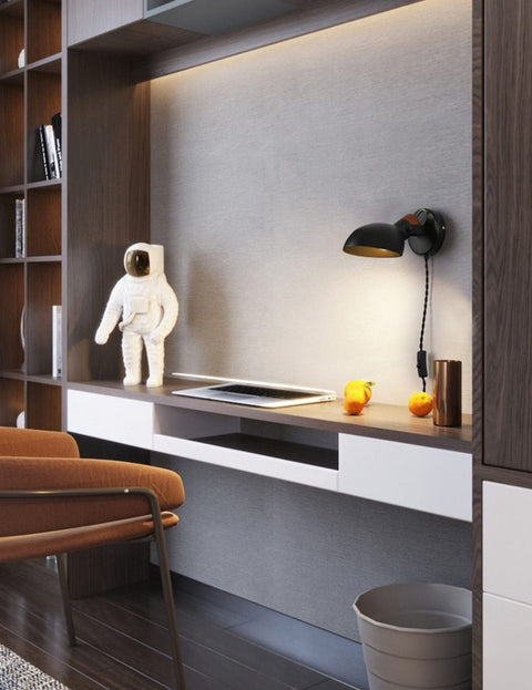 Plug-In Reading Wall Lamp with Rotating Metal Shade and Wood Accents