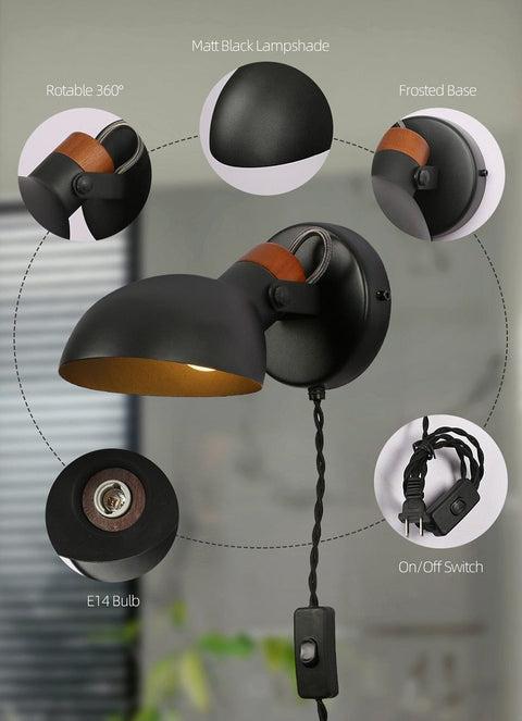 Plug-In Reading Wall Lamp with Rotating Metal Shade and Wood Accents