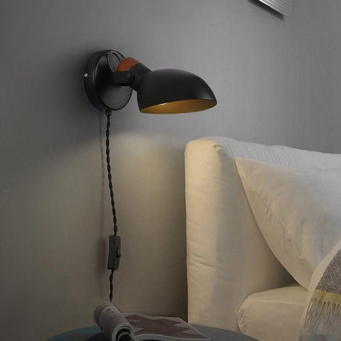 Plug-In Reading Wall Lamp with Rotating Metal Shade and Wood Accents