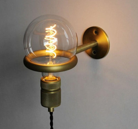 Plug-In Wall Sconce with Hanging Bulb Socket and Industrial Ring