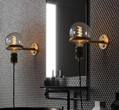 Plug-In Wall Sconce with Hanging Bulb Socket and Industrial Ring