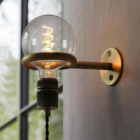 Plug-In Wall Sconce with Hanging Bulb Socket and Industrial Ring