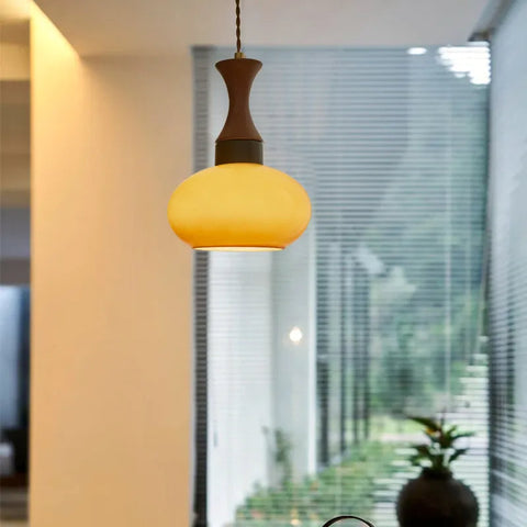 Glass Dome Pendant Light with Wood Accent
