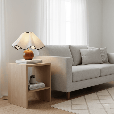 Table Lamp with Scalloped Linen Shade and Rounded Wooden Base