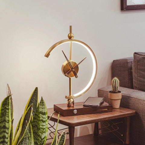 Modern LED Table Lamp with Decorative Clock, Wireless Phone Charging and Wooden Base