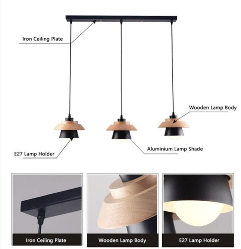 Pendant Light with Layered Wood and Aluminum Shade and Cord Options