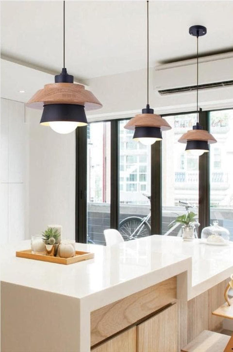 Pendant Light with Layered Wood and Aluminum Shade and Cord Options
