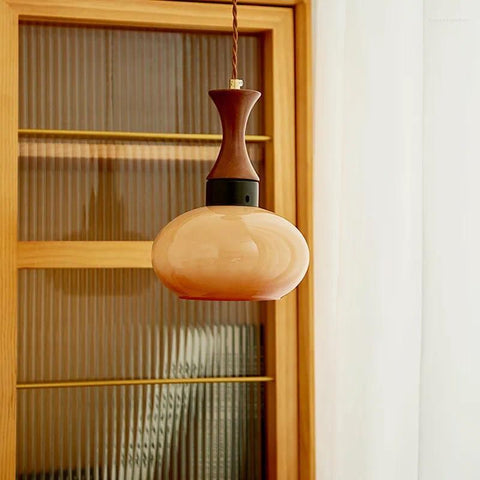 Glass Dome Pendant Light with Wood Accent