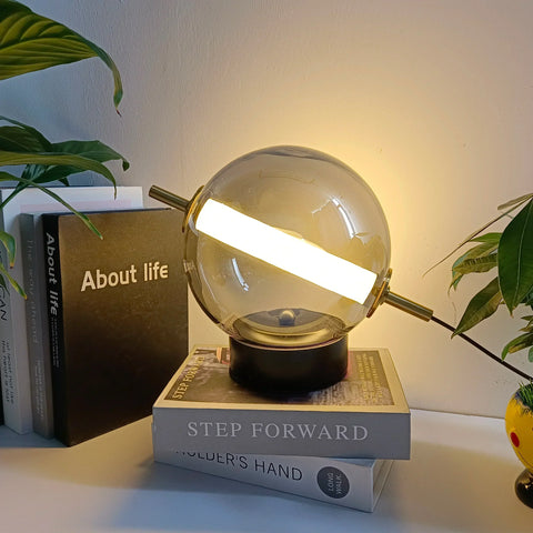 Spherical Glass Table Lamp with Integrated Light Bar and Modern Metal Base