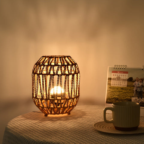 Woven Rattan Table Lamp with Open Shade and USB Power for Bedside