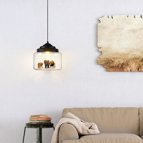 Pendant Light with Glass Display Shade and Playful Zoo Detail