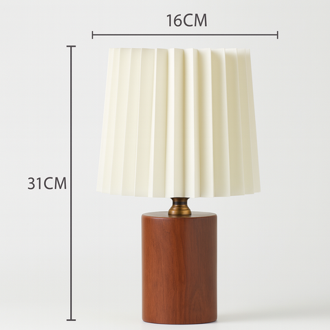 Pleated Fabric Table Lamp with Wood Base and Cylinder Shade