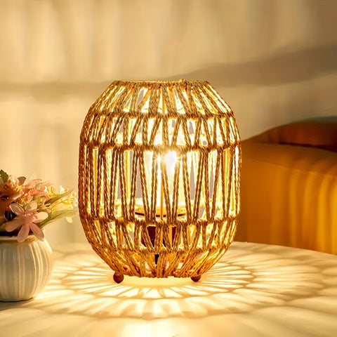 Woven Rattan Table Lamp with Open Shade and USB Power for Bedside