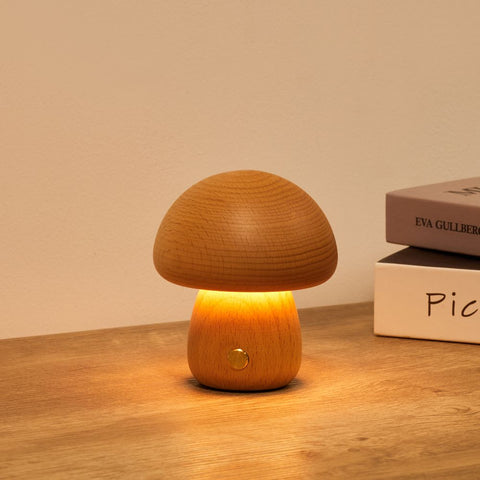 Rechargeable Wooden Mushroom Table Lamp for Soft Bedside Lighting
