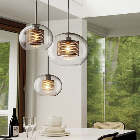 Glass Globe Cage Pendant Light for Kitchen Island and Dining Room