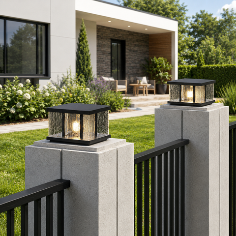 Pillar Light with Textured Glass Panels and Square Metal Frame