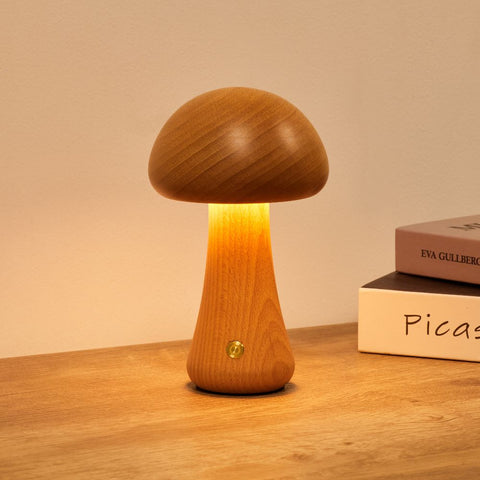 Rechargeable Wooden Mushroom Table Lamp for Soft Bedside Lighting
