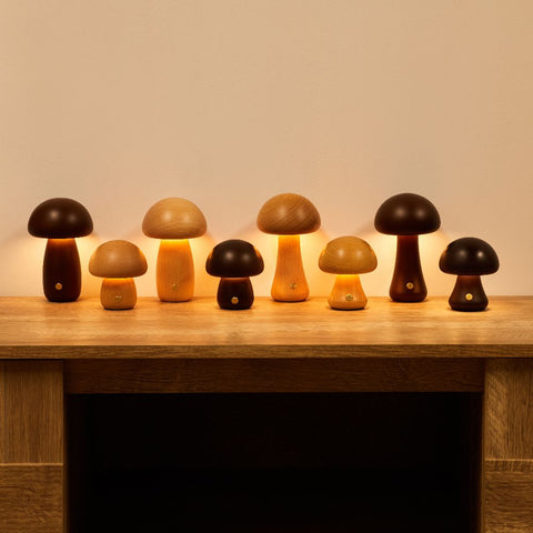 Rechargeable Wooden Mushroom Table Lamp for Soft Bedside Lighting