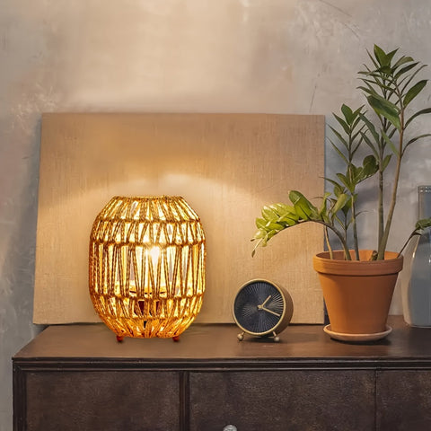 Woven Rattan Table Lamp with Open Shade and USB Power for Bedside