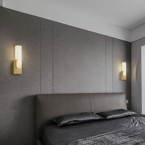 Modern Alabaster LED Wall Lamp with Gold Metal Frame, Minimalist Hardwired Sconce for Bedroom and Hallway
