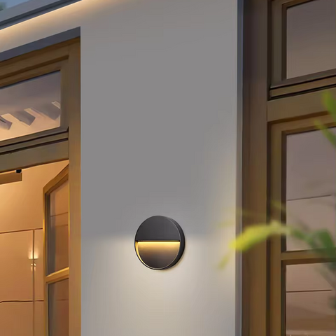 Round Aluminium LED Wall Light with Recessed Glow for Outdoor Steps and Pathways