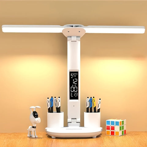 Adjustable Dual-Head LED Desk Lamp with Clock and USB Power