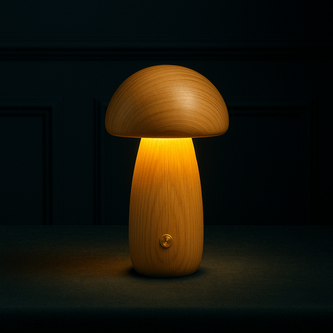 Rechargeable Wooden Mushroom Table Lamp for Soft Bedside Lighting