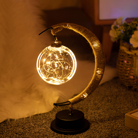Crescent Rope-Wrapped Table Lamp with Clear Globe Shade and Battery-Powered LED Lighting
