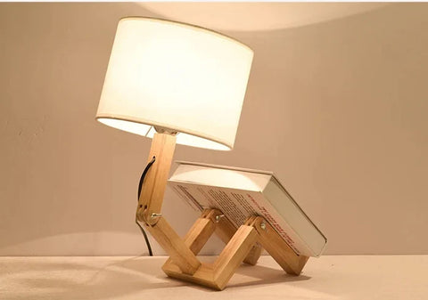Adjustable Wooden Robot Table Lamp with Fabric Shade and Integrated Book Holder