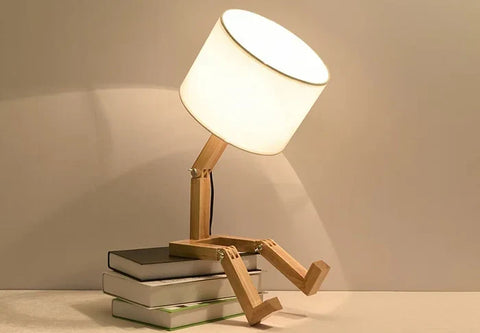 Adjustable Wooden Robot Table Lamp with Fabric Shade and Integrated Book Holder