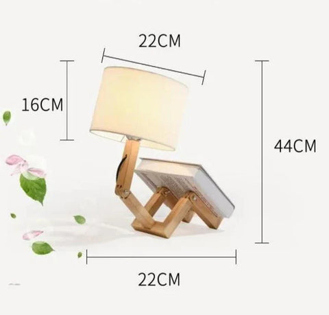 Adjustable Wooden Robot Table Lamp with Fabric Shade and Integrated Book Holder