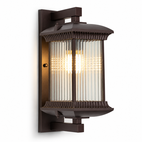 Traditional Ribbed Glass Outdoor Wall Light with Metal Frame and E26 or E27 Socket
