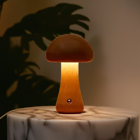 Mushroom-Shaped Wooden Table Lamp with Adjustable Brightness and USB Power