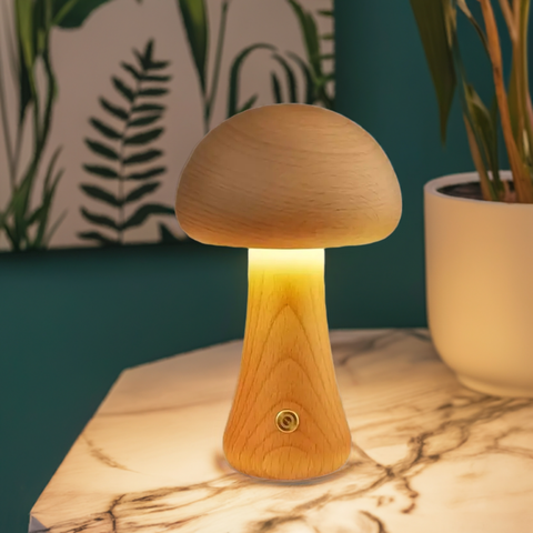 Mushroom-Shaped Wooden Table Lamp with Adjustable Brightness and USB Power