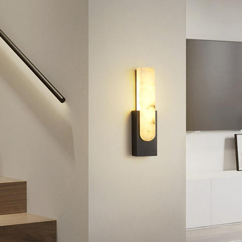 Modern Alabaster LED Wall Lamp with Gold Metal Frame, Minimalist Hardwired Sconce for Bedroom and Hallway
