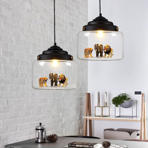 Pendant Light with Glass Display Shade and Playful Zoo Detail