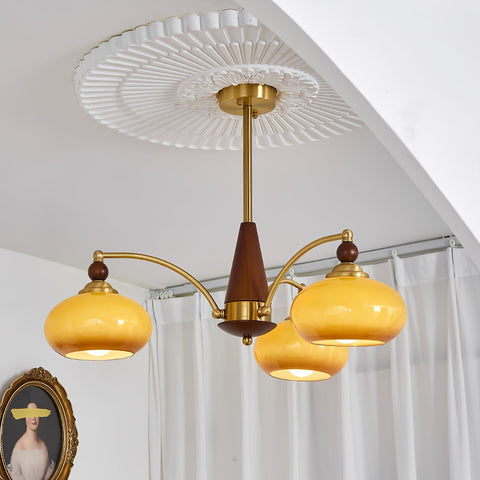 Chandelier with Three Rounded Glass Shades and Retro Style