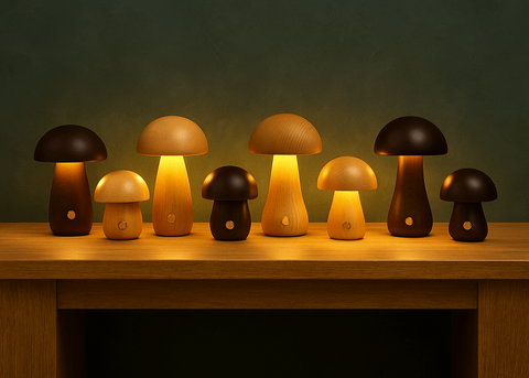 Rechargeable Wooden Mushroom Table Lamp for Soft Bedside Lighting