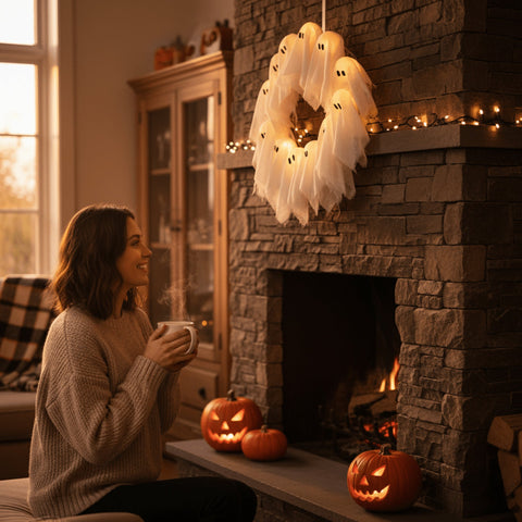 Lighted Halloween Ghost Wreath with LED Figures for Doors and Walls