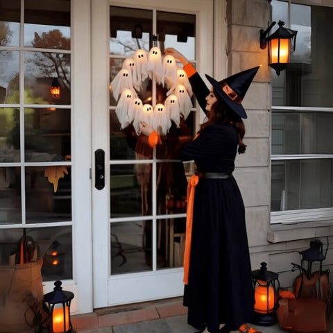 Lighted Halloween Ghost Wreath with LED Figures for Doors and Walls