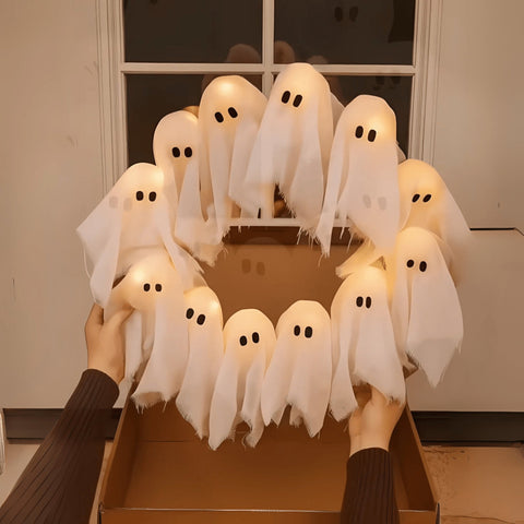 Lighted Halloween Ghost Wreath with LED Figures for Doors and Walls