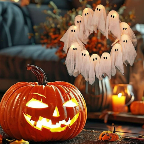 Lighted Halloween Ghost Wreath with LED Figures for Doors and Walls