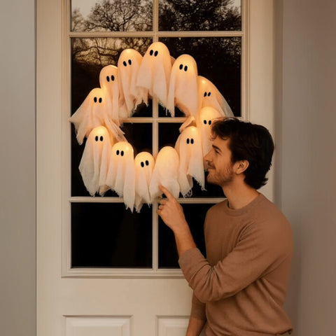 Lighted Halloween Ghost Wreath with LED Figures for Doors and Walls