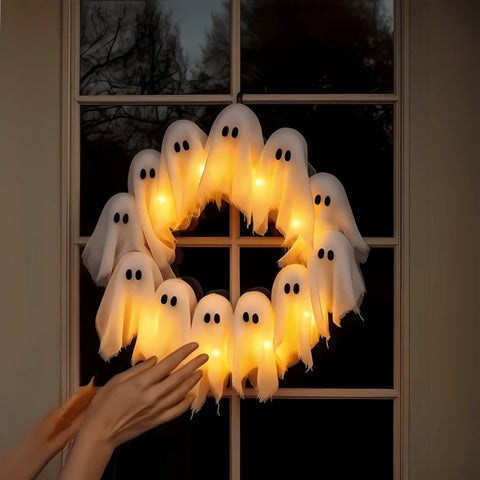 Lighted Halloween Ghost Wreath with LED Figures for Doors and Walls