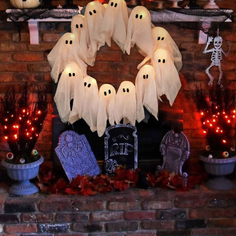 Lighted Halloween Ghost Wreath with LED Figures for Doors and Walls
