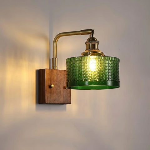 Vintage Wood and Glass Wall Light with Textured Glass Shade