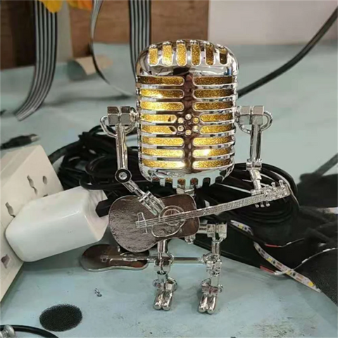Retro Microphone Robot Table Lamp with Guitar Design and Decorative Metal Frame