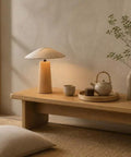 Mushroom-Shaped Wood Table Lamp with Fabric Shade — product view
