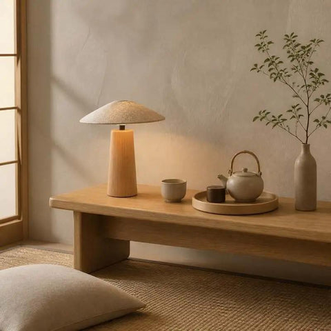 Mushroom-Shaped Wood Table Lamp with Fabric Shade — product view