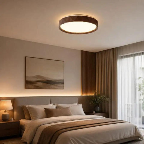 Wood-Effect LED Flush Mount Ceiling Light with Remote Option — product view
